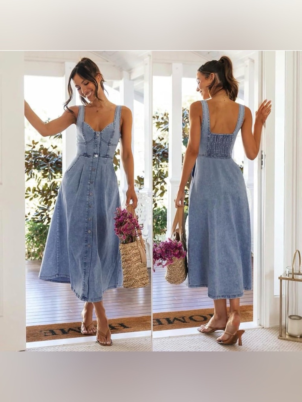 utcoco Denim Dress for Women Sleeveless Button Down Midi Jean Dress Medium